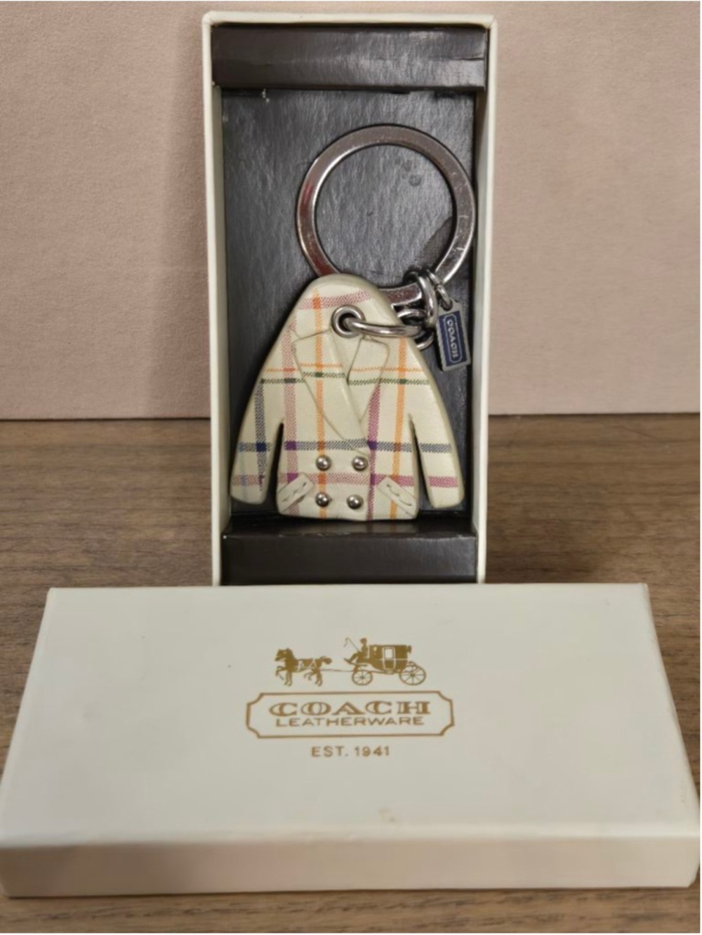 Coach Tattersal Plaid Coat Peacoat Leather Keychain Key Fob EUC